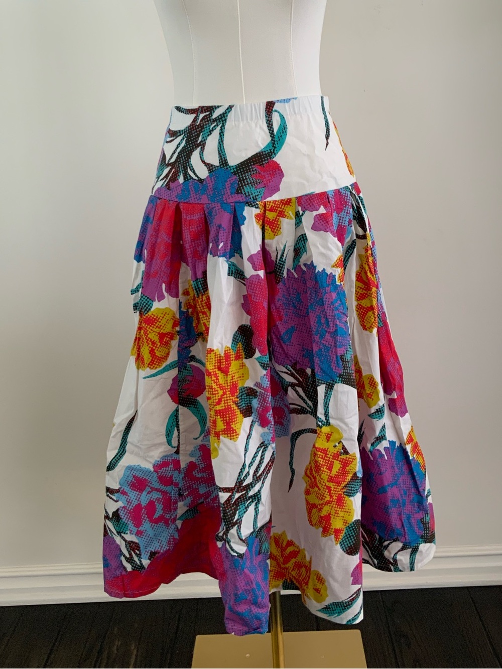 Old Navy White Midi Skirt with Pink, Purple & Yellow Floral Print
